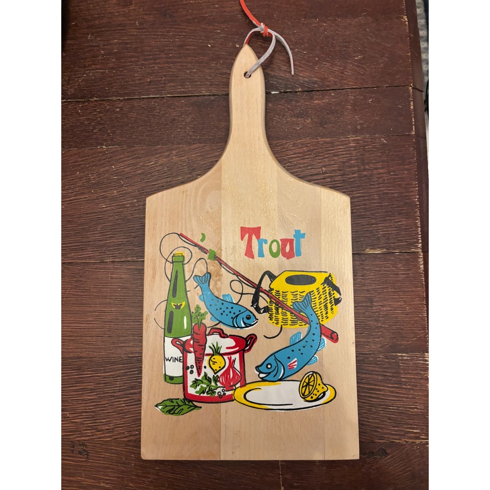 Vintage 1968 Nevco Wood Trout Fishing Cutting Board Paddle Wall Decor Japan